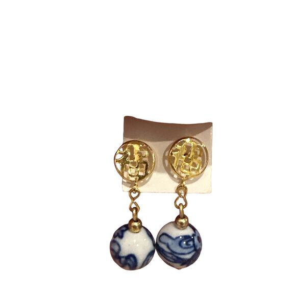 Chinoiserie Porcelain Drop Post Earrings Gold Chinese Symbol Blue & White - Picture 6 of 6